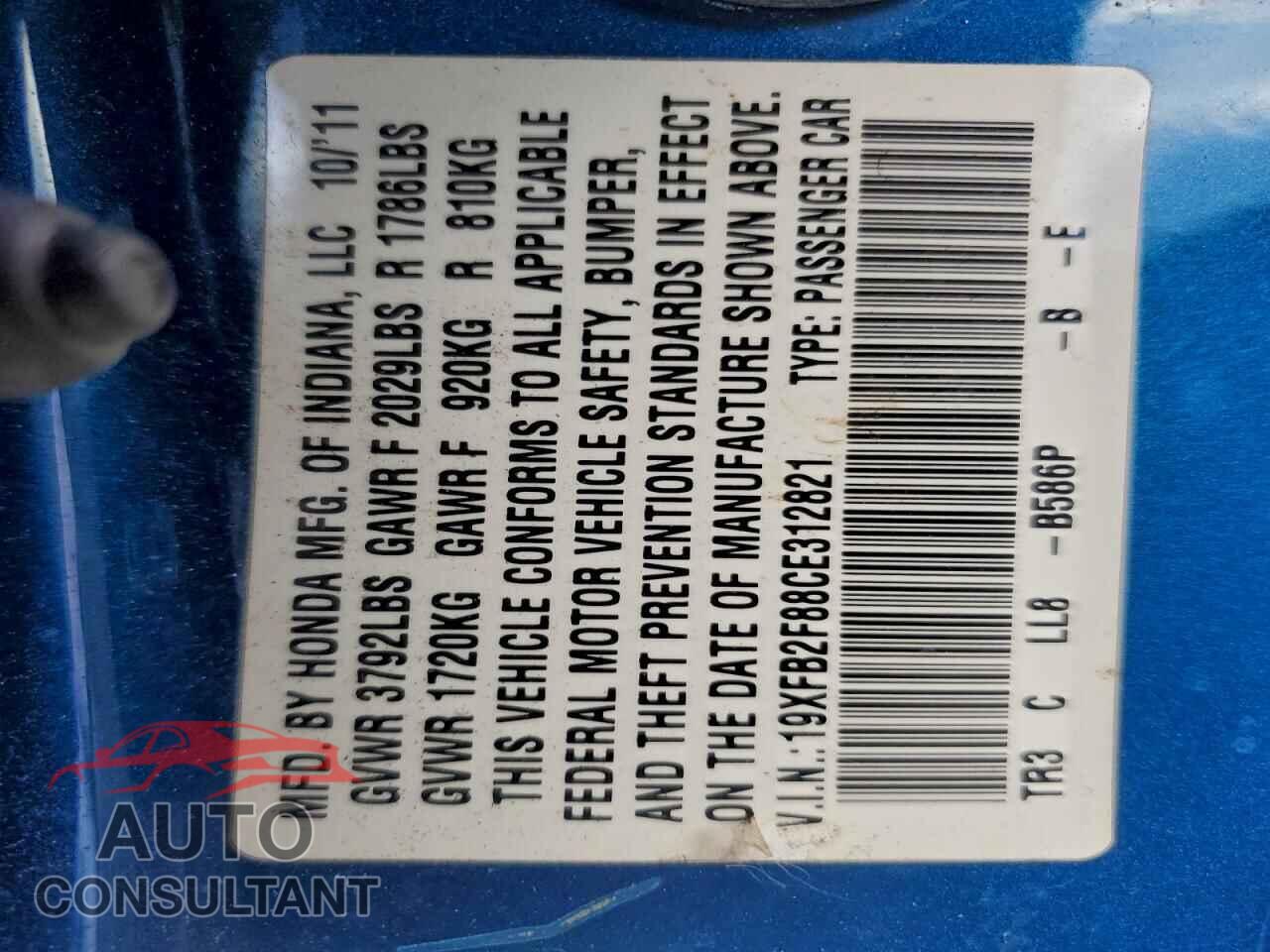 HONDA CIVIC 2012 - 19XFB2F88CE312821