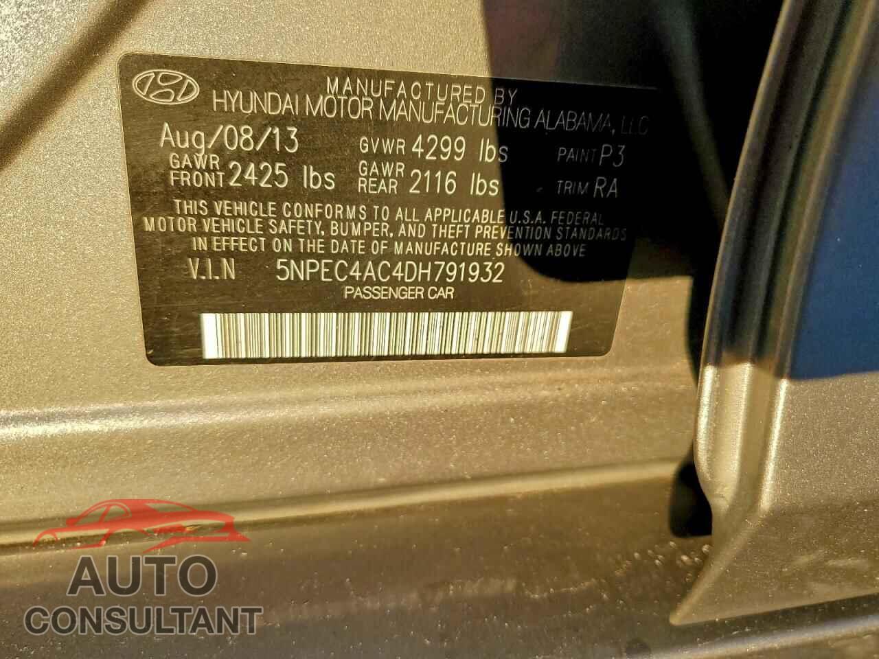 HYUNDAI SONATA 2013 - 5NPEC4AC4DH791932