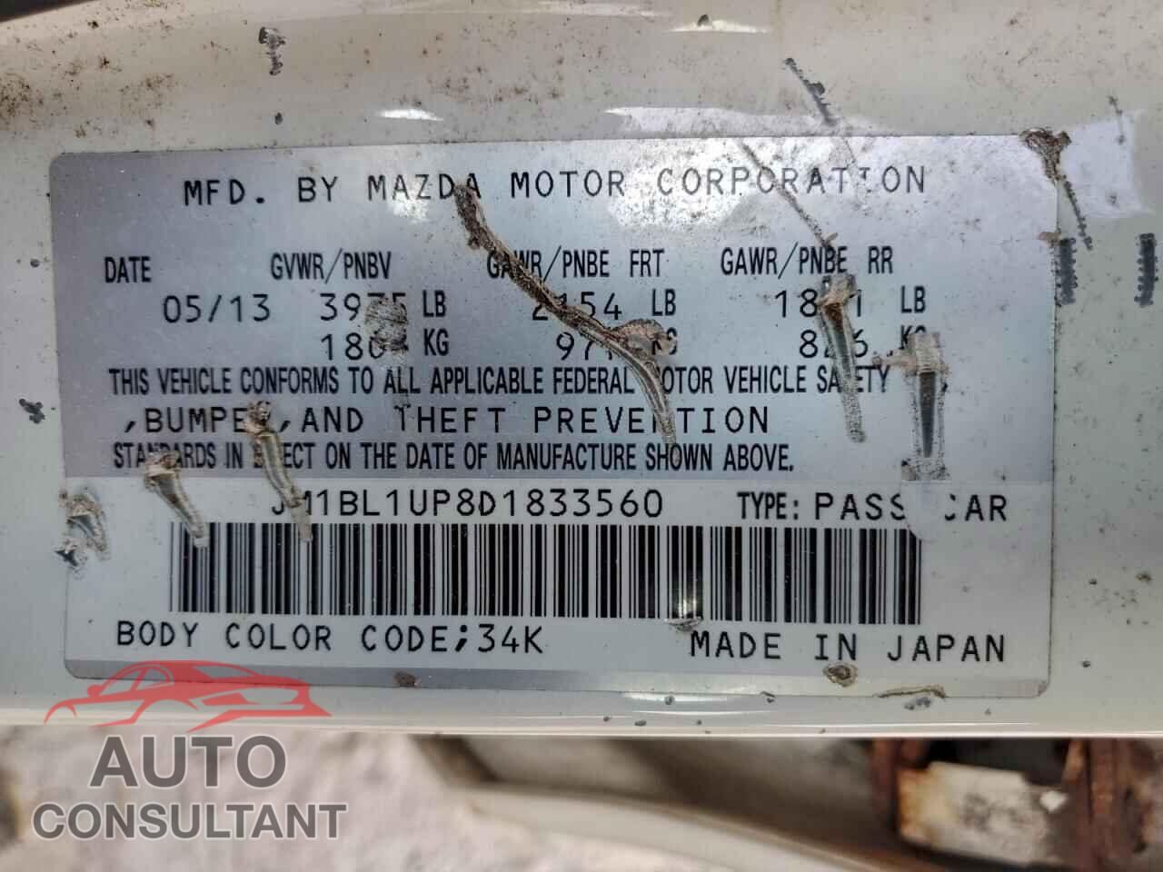 MAZDA 3 2013 - JM1BL1UP8D1833560