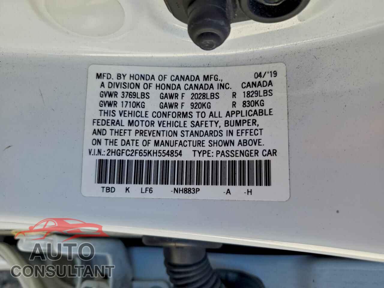 HONDA CIVIC 2019 - 2HGFC2F65KH554854