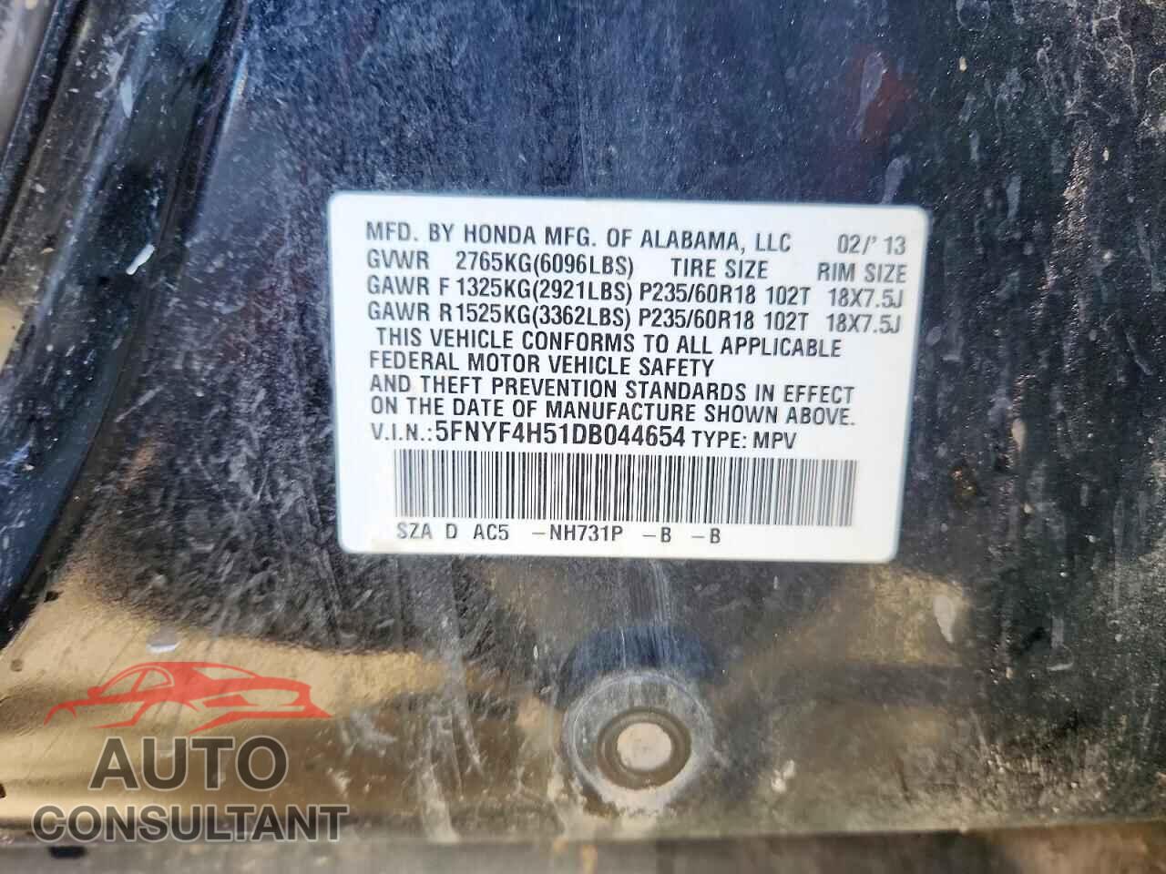 HONDA PILOT 2013 - 5FNYF4H51DB044654