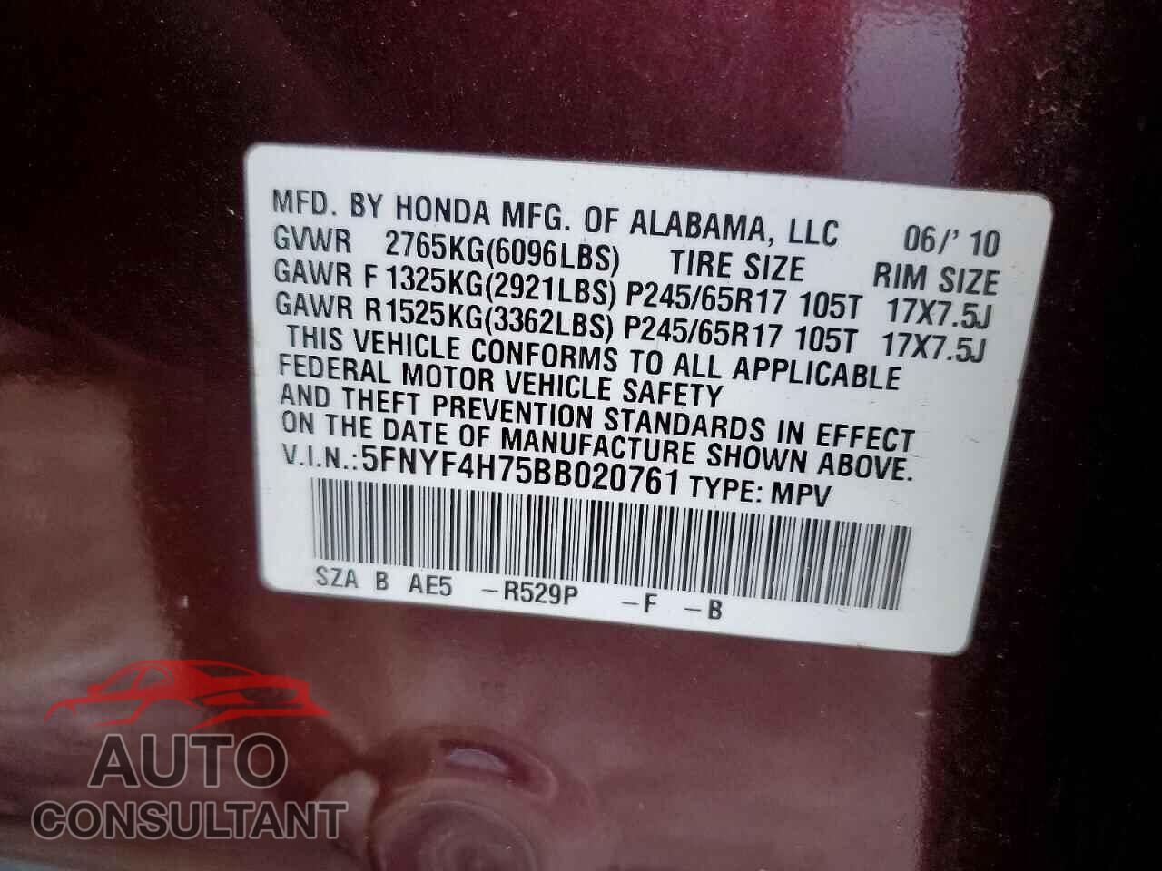 HONDA PILOT 2011 - 5FNYF4H75BB020761