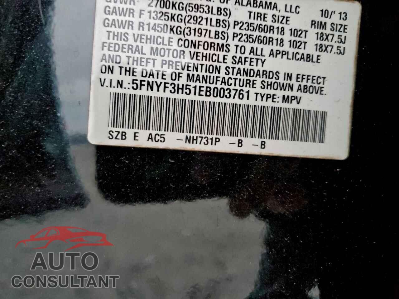 HONDA PILOT 2014 - 5FNYF3H51EB003761