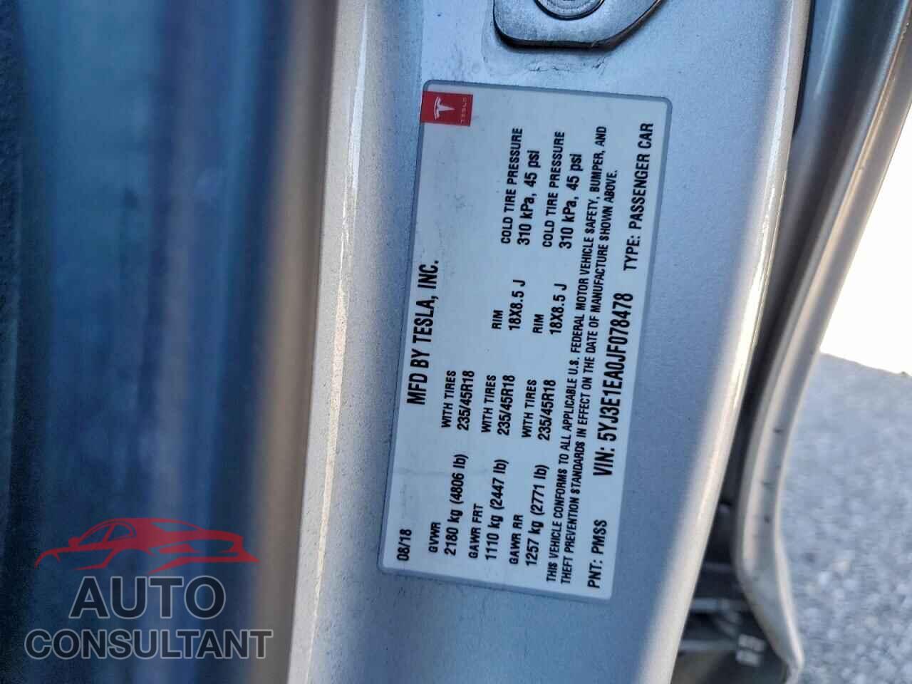 TESLA MODEL 3 2018 - 5YJ3E1EA0JF078478