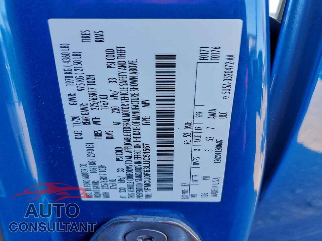 FORD ESCAPE 2020 - 1FMCU0F63LUC51567