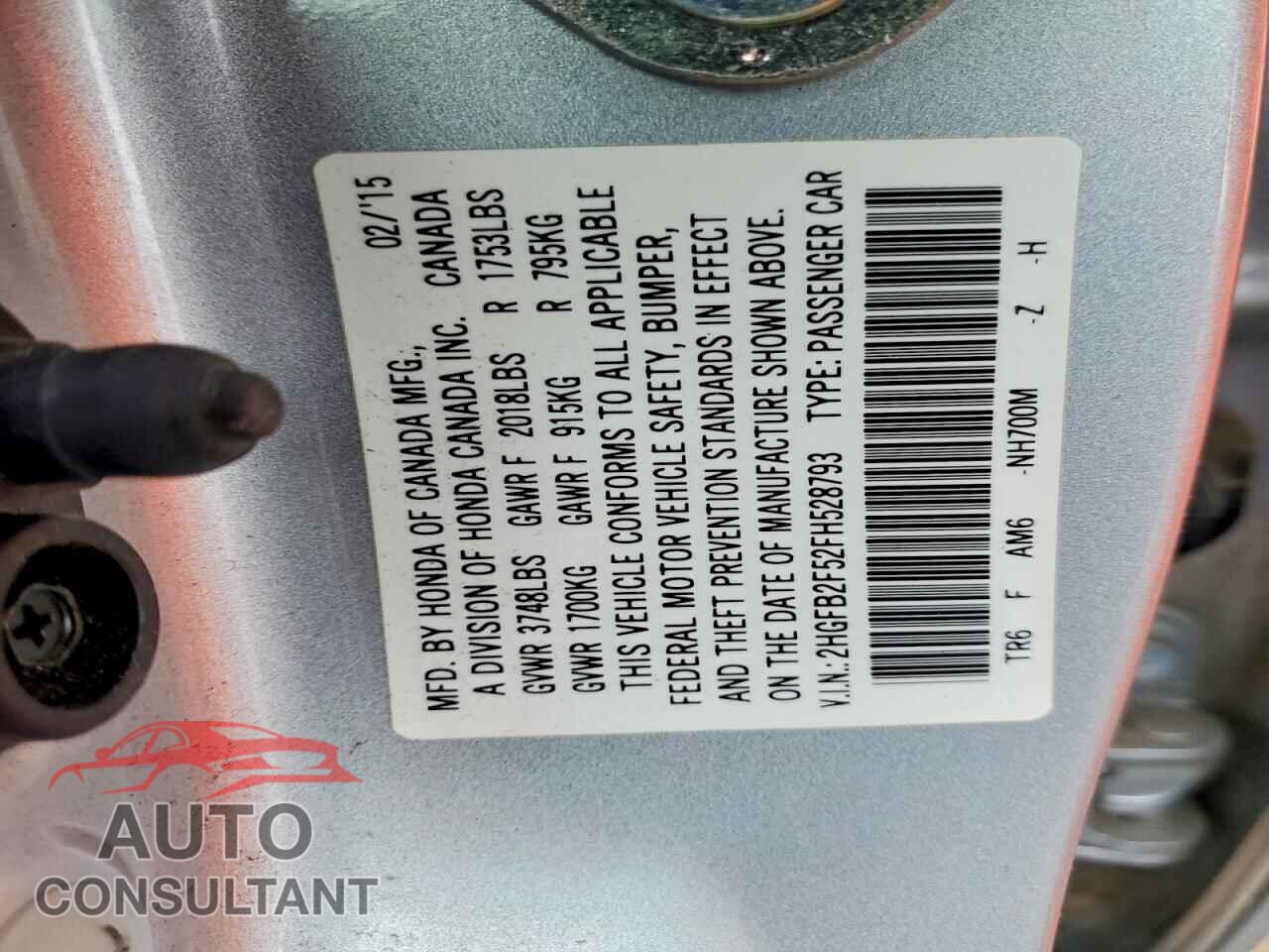 HONDA CIVIC 2015 - 2HGFB2F52FH528793