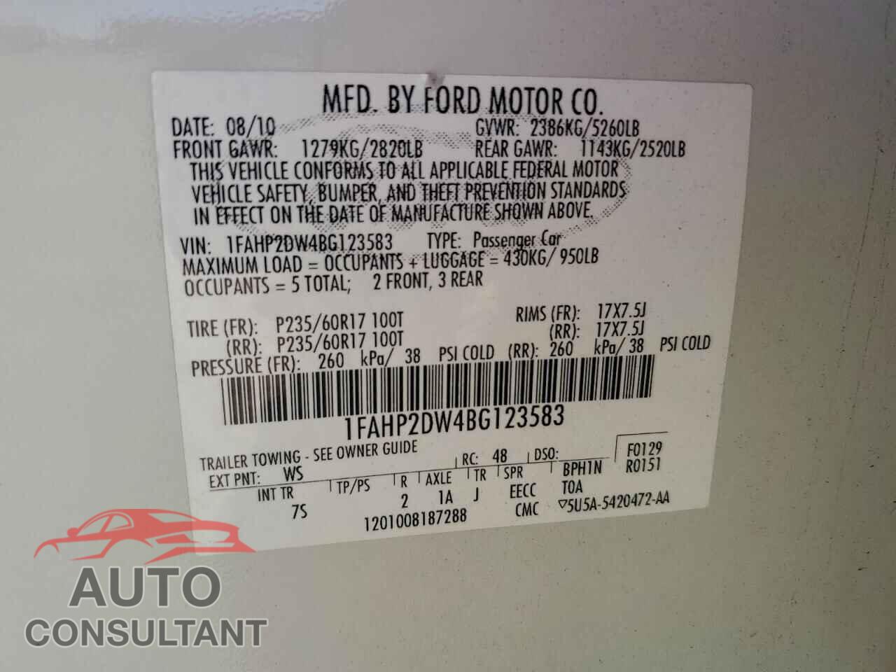 FORD TAURUS 2011 - 1FAHP2DW4BG123583