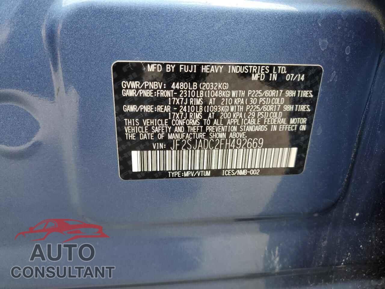 SUBARU FORESTER 2015 - JF2SJADC2FH492669