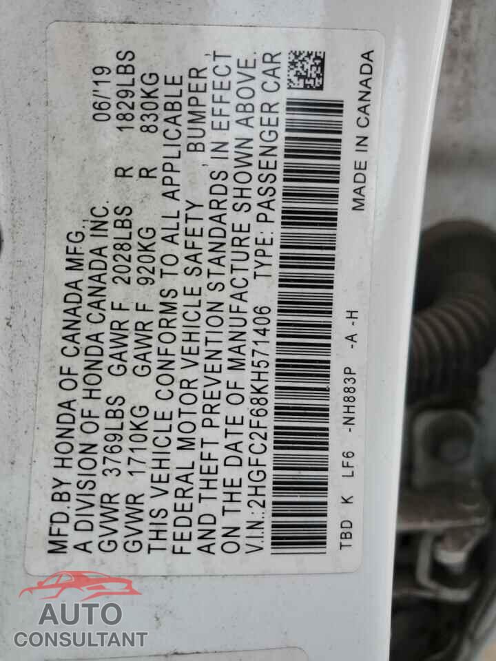 HONDA CIVIC 2019 - 2HGFC2F68KH571406