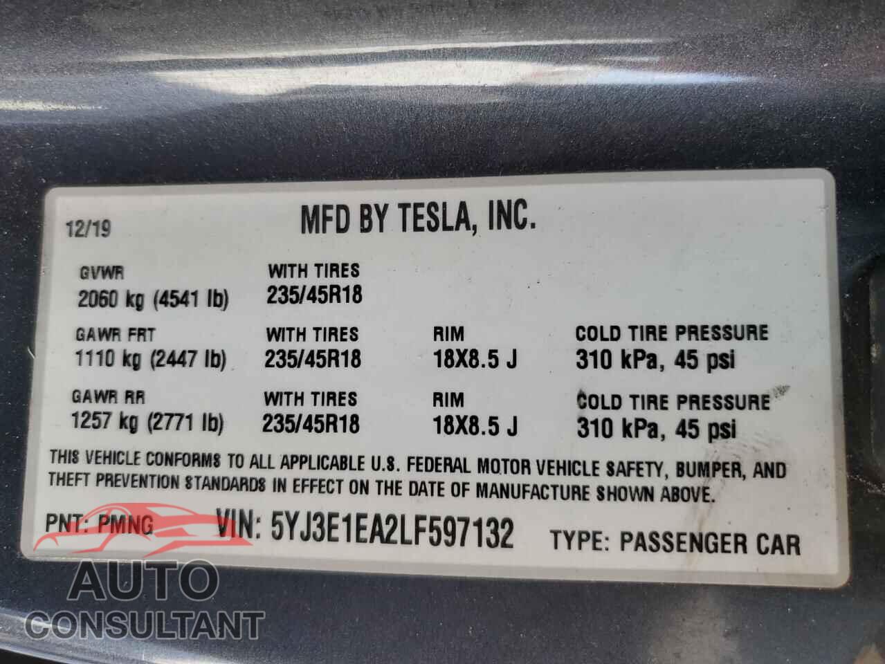 TESLA MODEL 3 2020 - 5YJ3E1EA2LF597132
