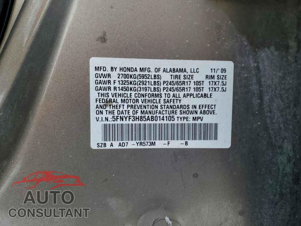 HONDA PILOT 2010 - 5FNYF3H85AB014105