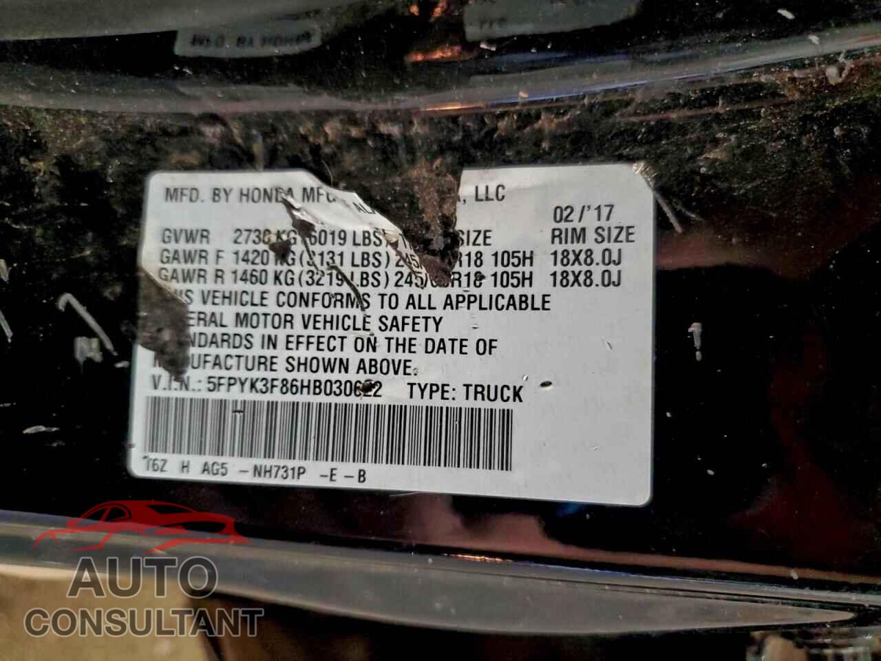 HONDA RIDGELINE 2017 - 5FPYK3F86HB030622