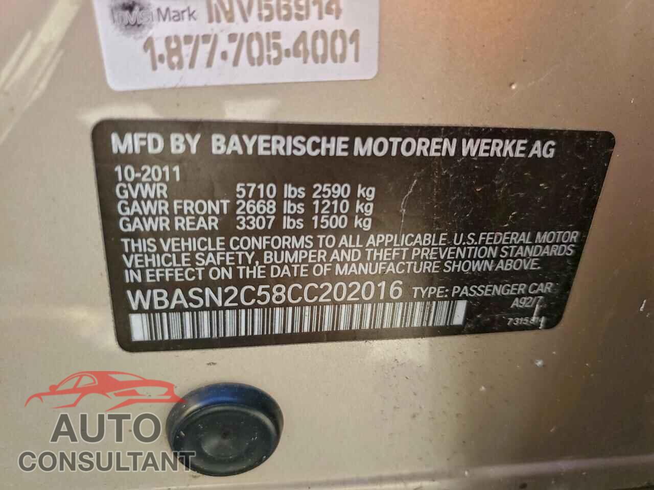 BMW 5 SERIES 2012 - WBASN2C58CC202016
