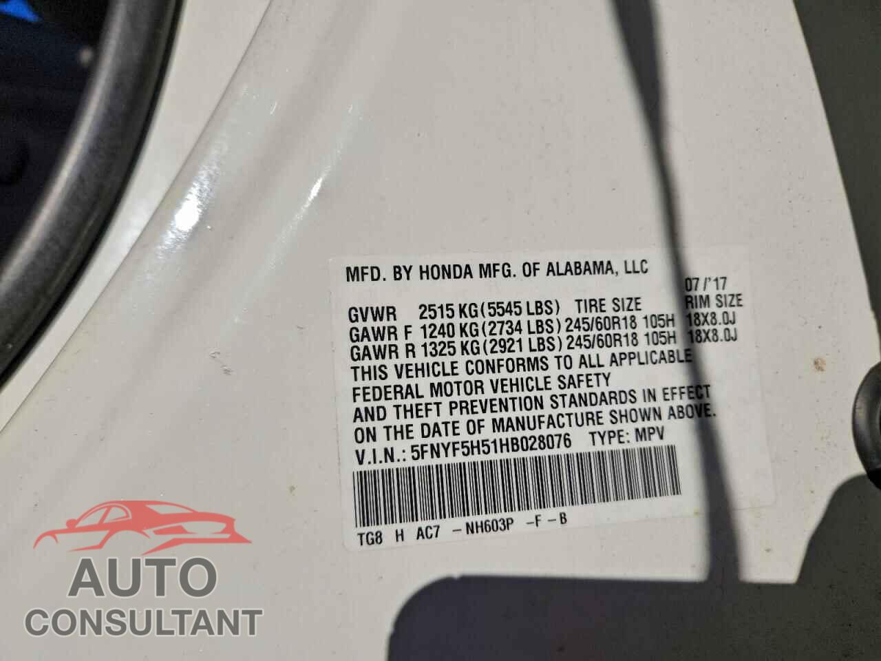 HONDA PILOT 2017 - 5FNYF5H51HB028076