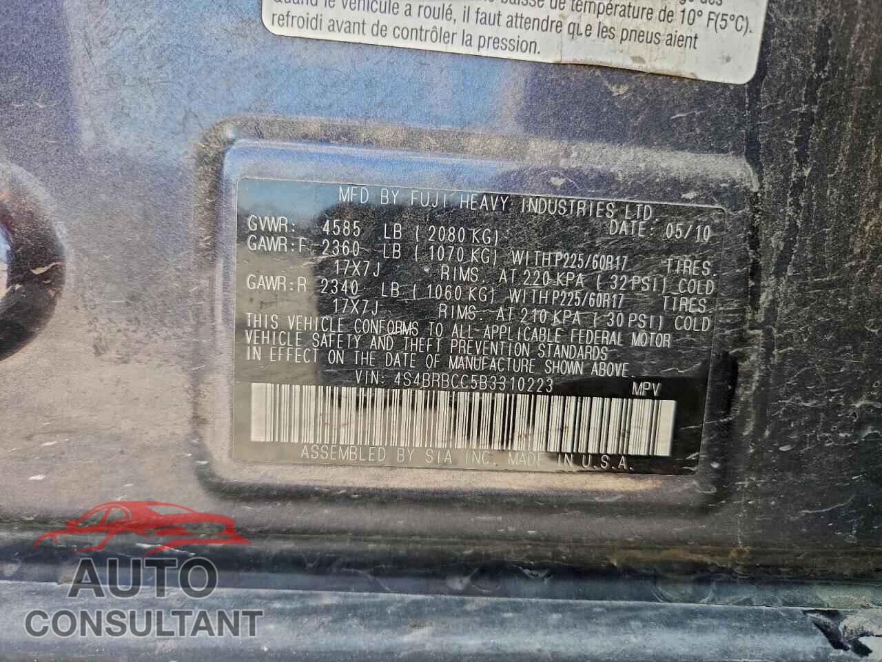 SUBARU OUTBACK 2011 - 4S4BRBCC5B3310223