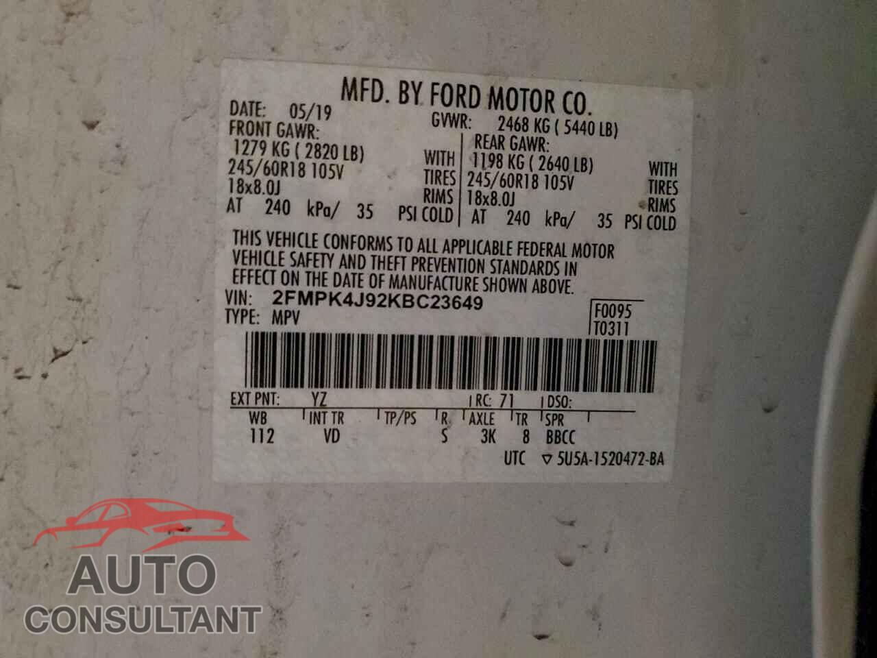 FORD EDGE 2019 - 2FMPK4J92KBC23649