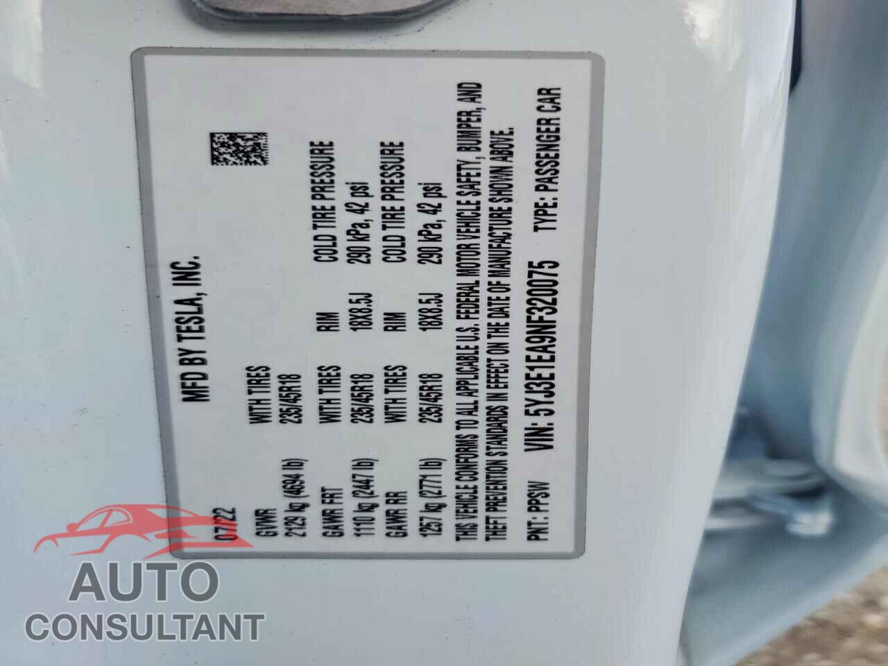 TESLA MODEL 3 2022 - 5YJ3E1EA9NF320075