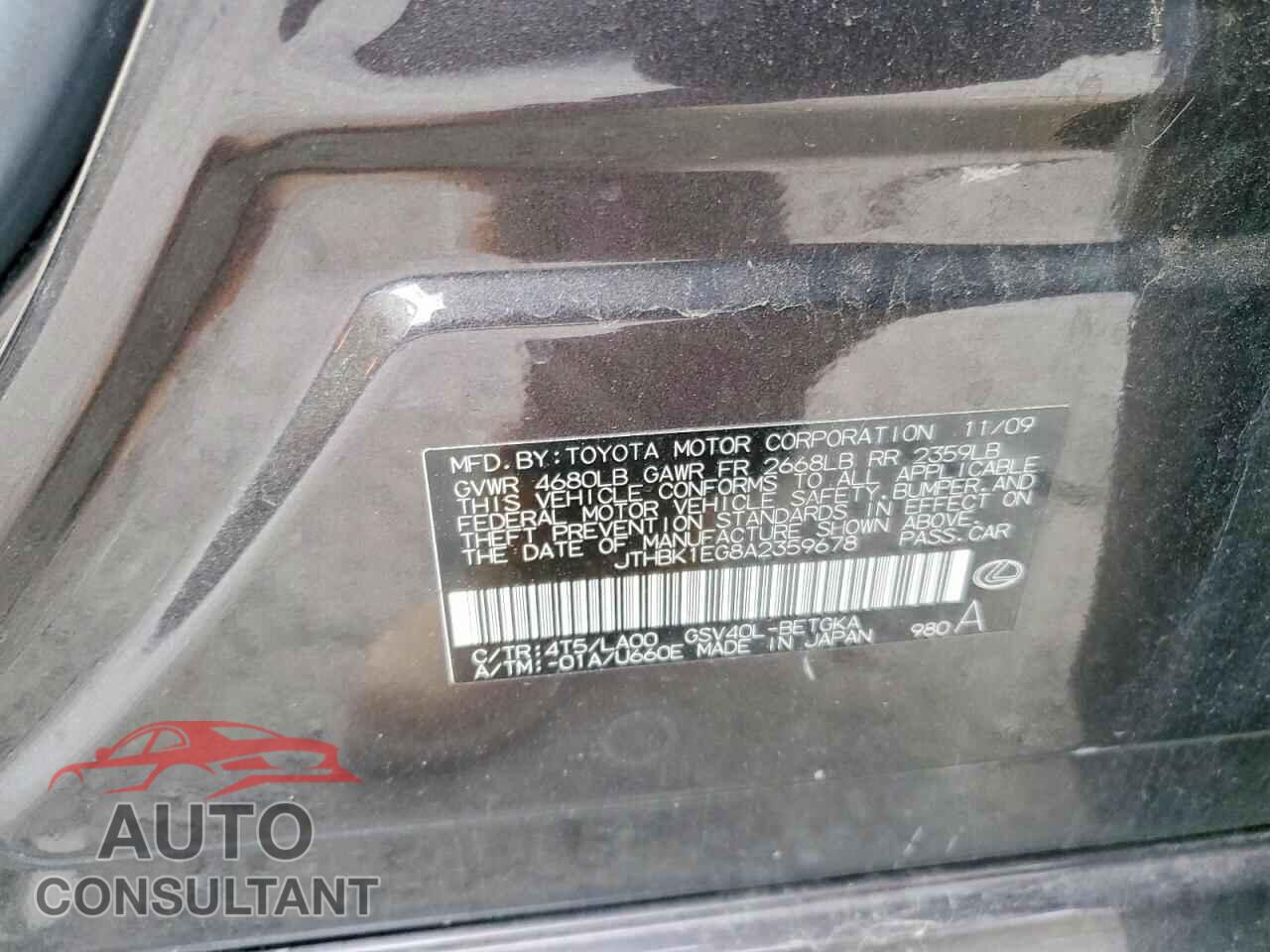 LEXUS ES350 2010 - JTHBK1EG8A2359678