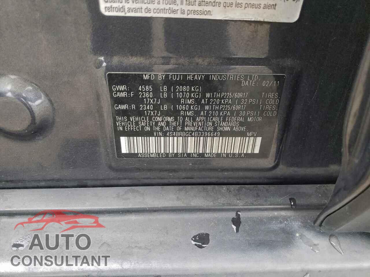 SUBARU OUTBACK 2011 - 4S4BRBGC4B3396649
