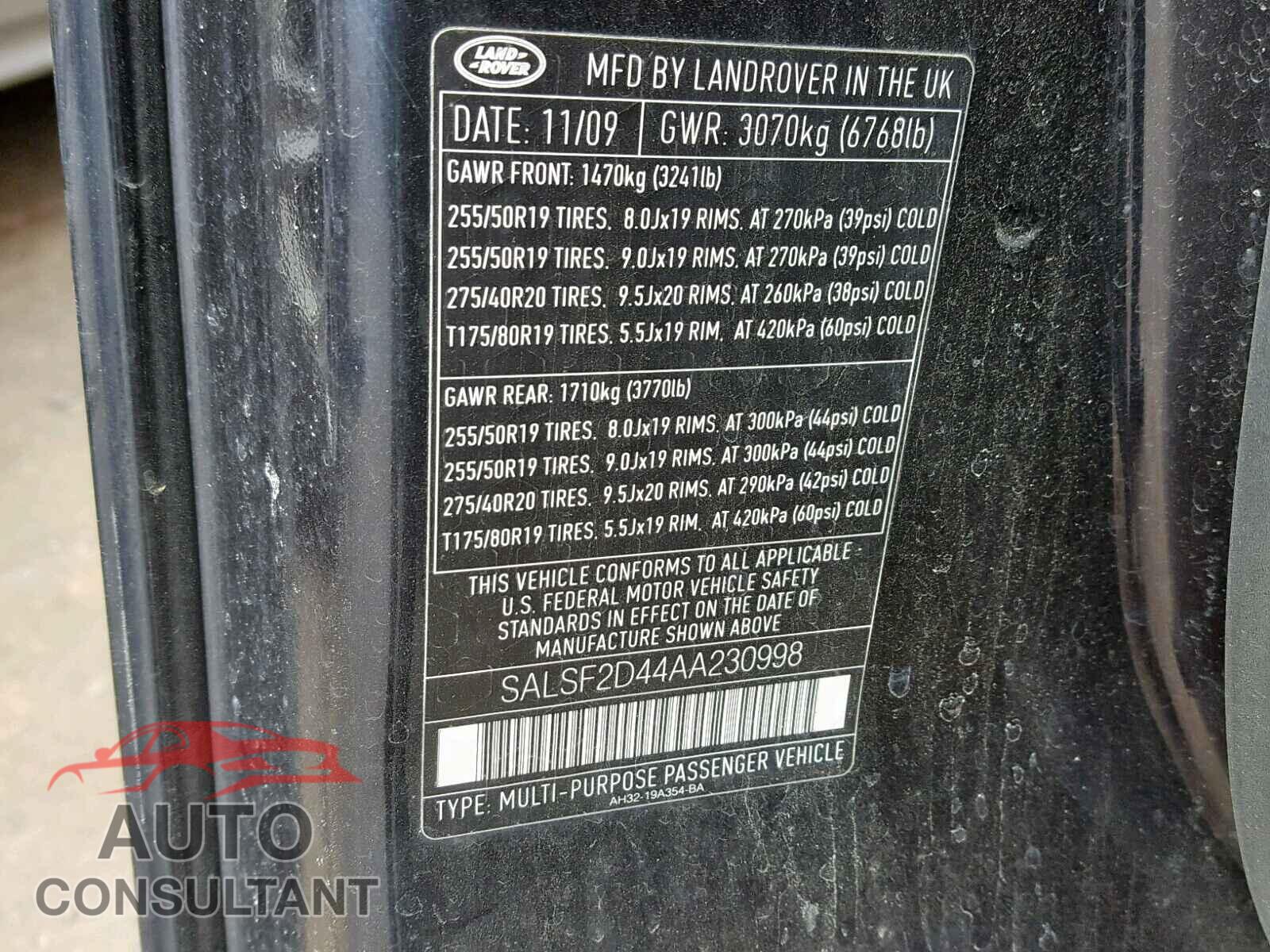 LAND ROVER RANGE ROVE 2010 - SALSF2D44AA230998