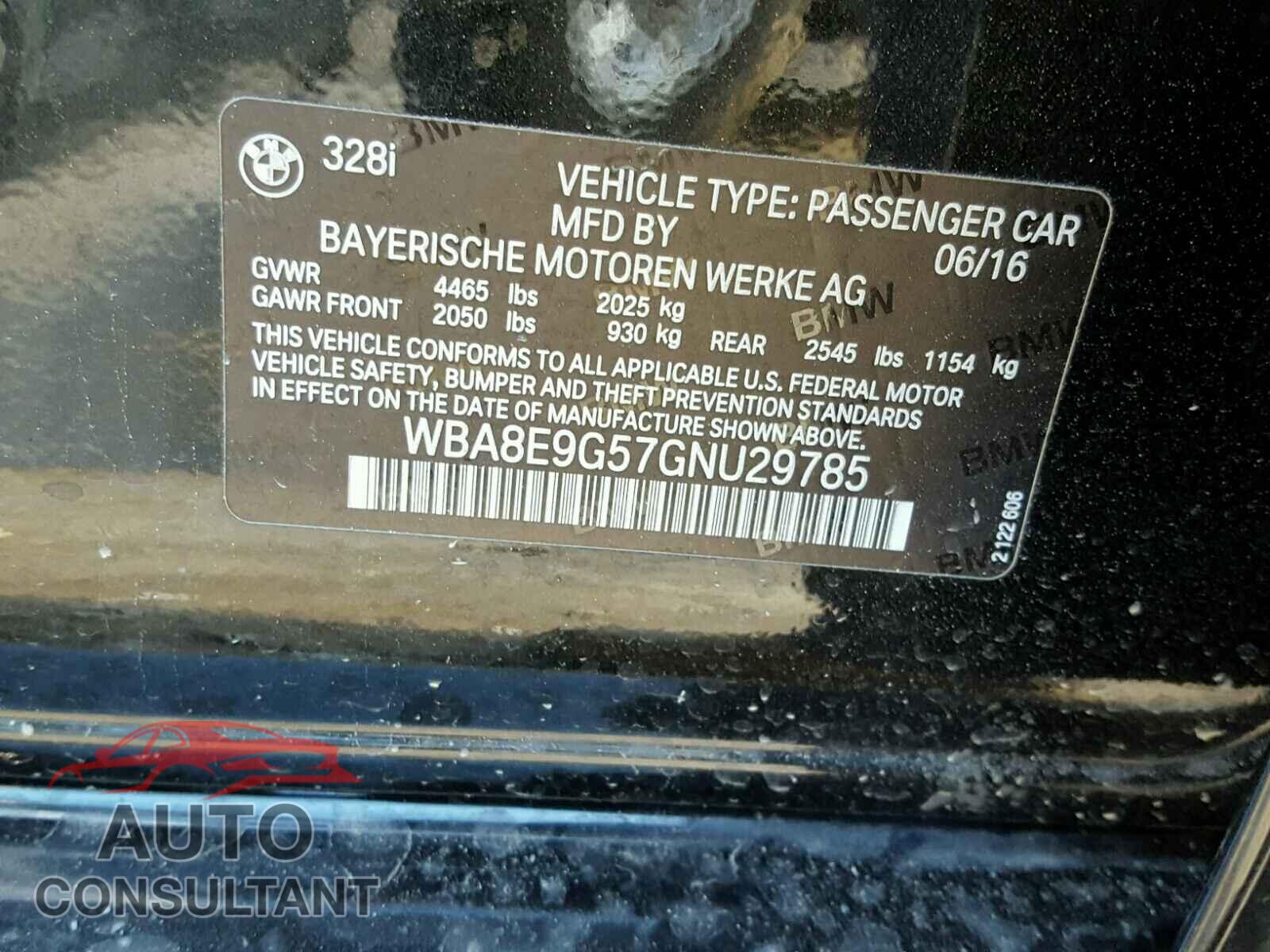 BMW 3 SERIES 2016 - WBA8E9G57GNU29785