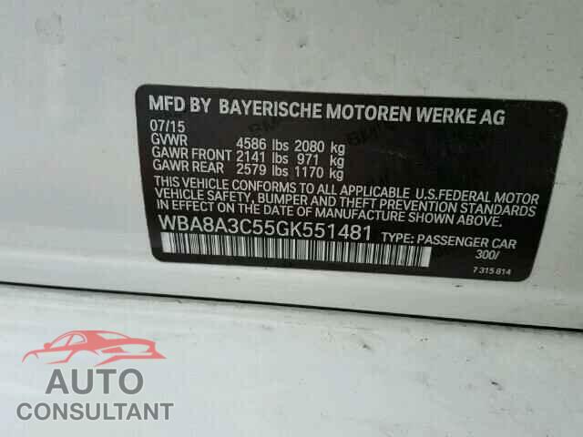 BMW 3 SERIES 2016 - WBA8A3C55GK551481