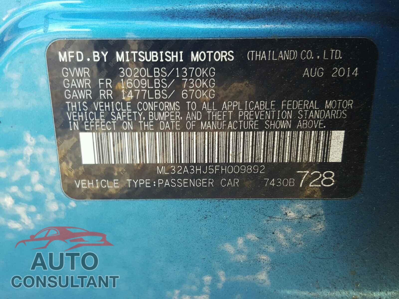 MITSUBISHI MIRAGE 2015 - ML32A3HJ5FH009892