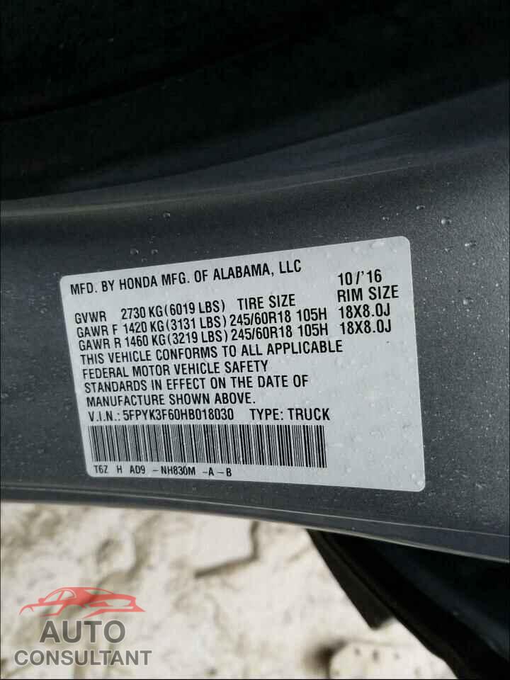 HONDA RIDGELINE 2017 - 5FPYK3F60HB018030