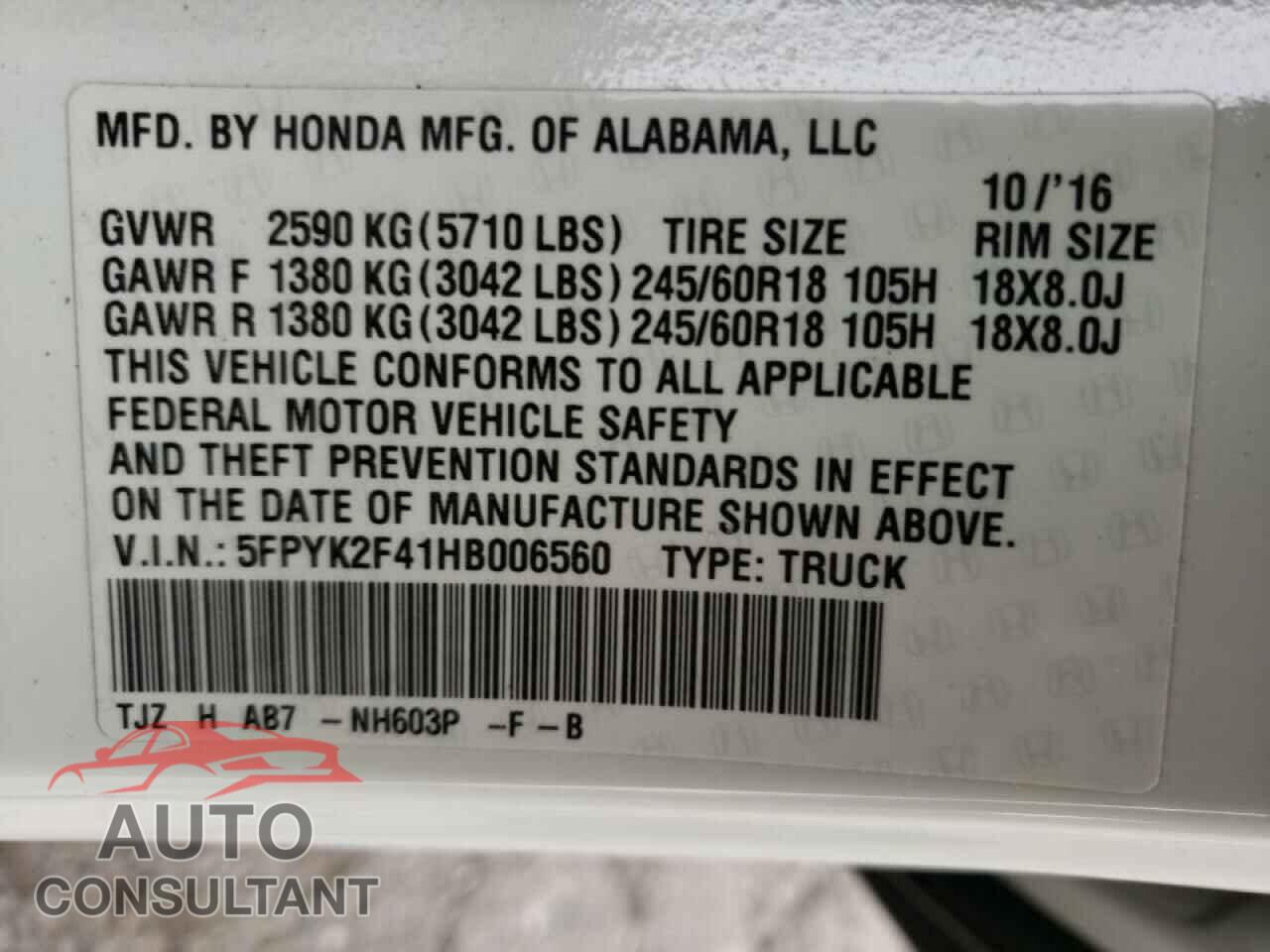 HONDA RIDGELINE 2017 - 5FPYK2F41HB006560