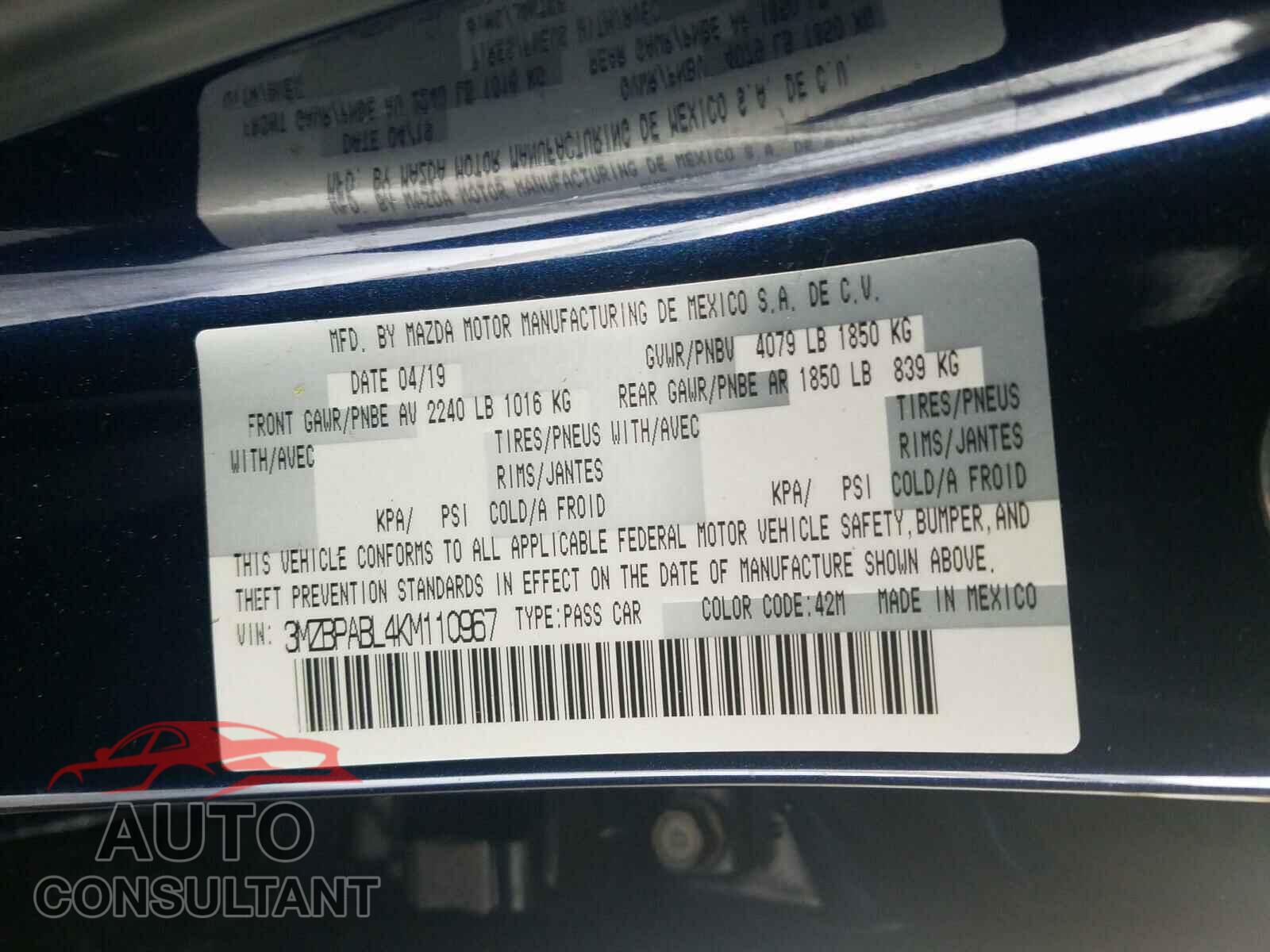 MAZDA 3 2019 - 3MZBPABL4KM110967