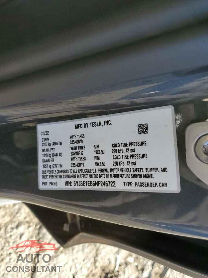 TESLA MODEL 3 2022 - 5YJ3E1EB6NF246722