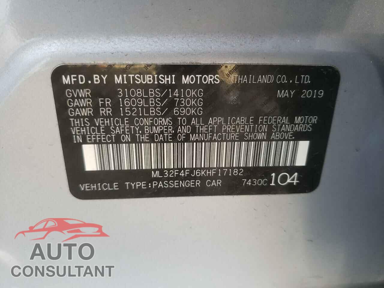 MITSUBISHI MIRAGE 2019 - ML32F4FJ6KHF17182