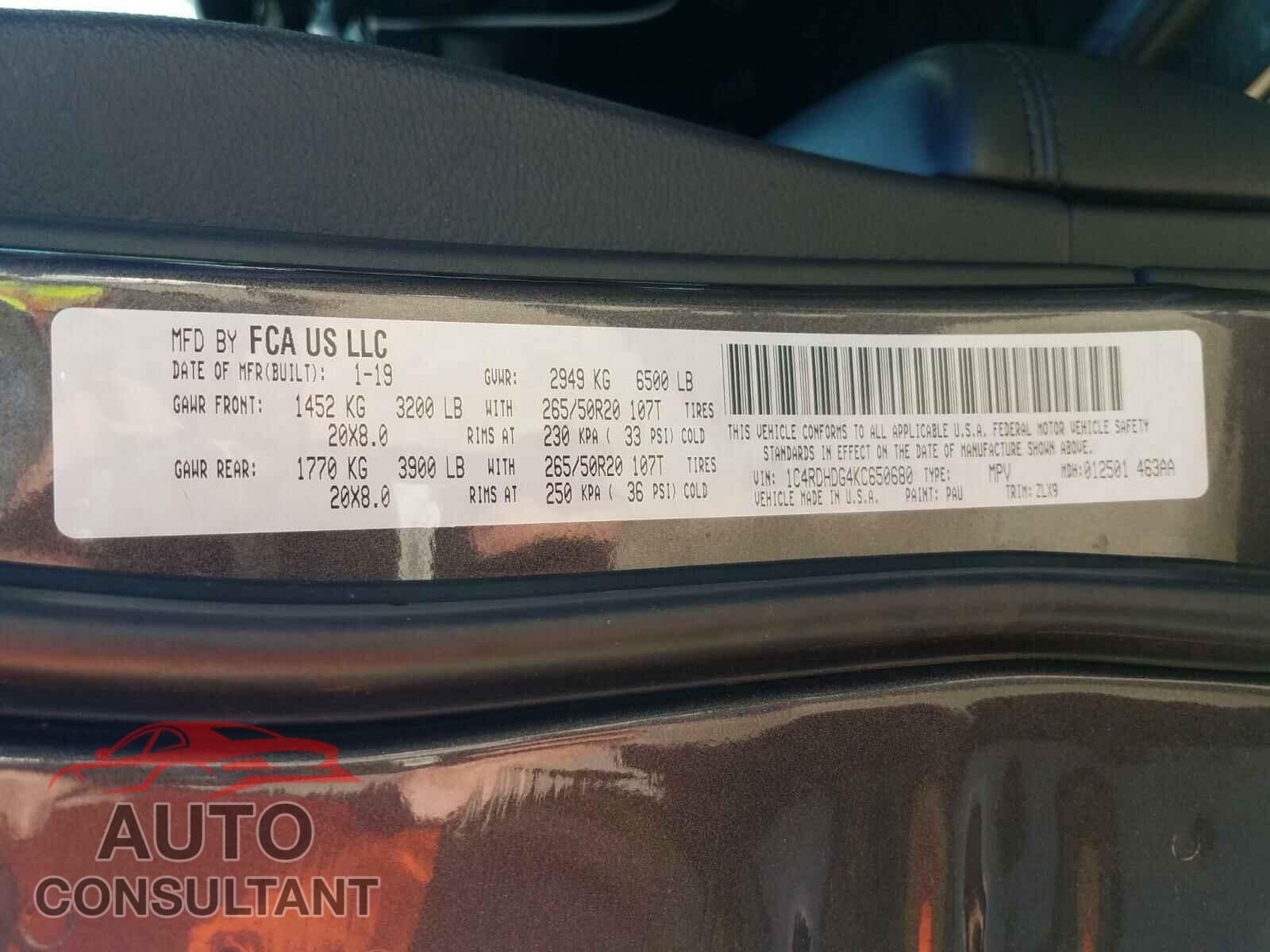 DODGE DURANGO 2019 - 1C4RDHDG4KC650680