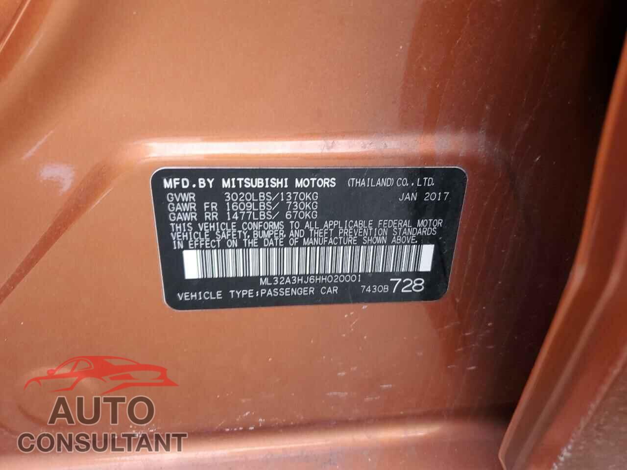 MITSUBISHI MIRAGE 2017 - ML32A3HJ6HH020001