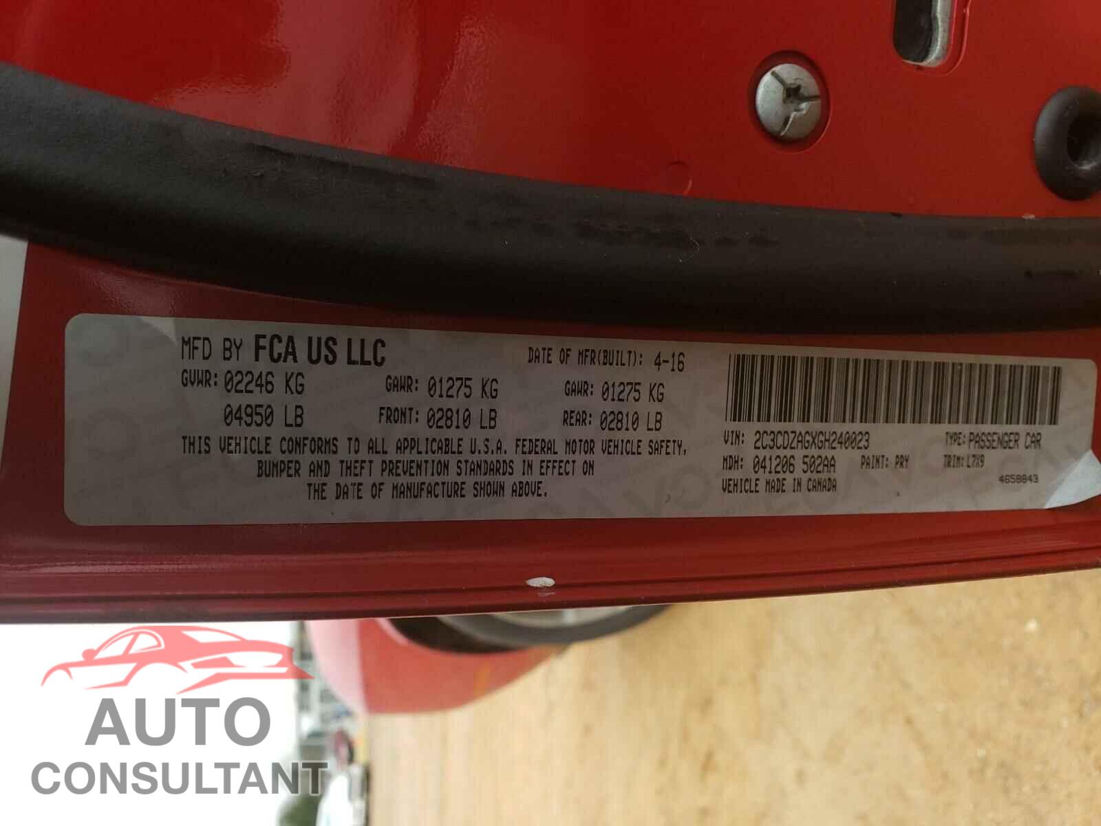 DODGE CHALLENGER 2016 - 2C3CDZAGXGH240023