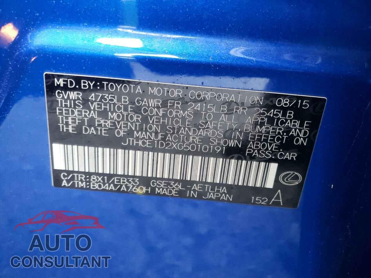 LEXUS IS 2016 - JTHCE1D2XG5010191
