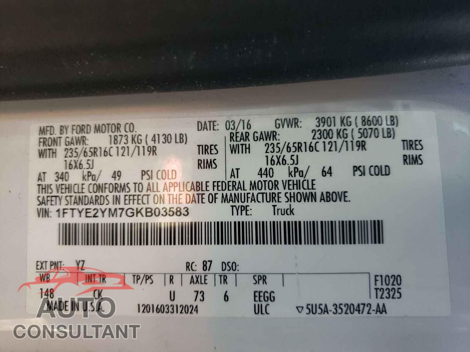 FORD TRANSIT CO 2016 - 1FTYE2YM7GKB03583