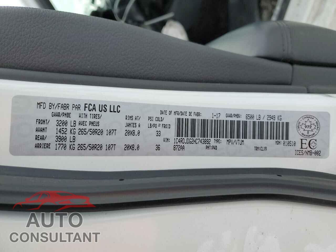 DODGE DURANGO 2017 - 1C4RDJDG2HC743892