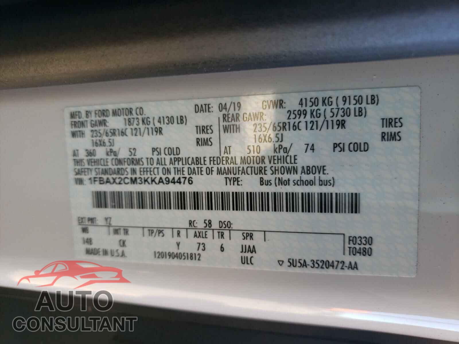 FORD TRANSIT CO 2019 - 1FBAX2CM3KKA94476