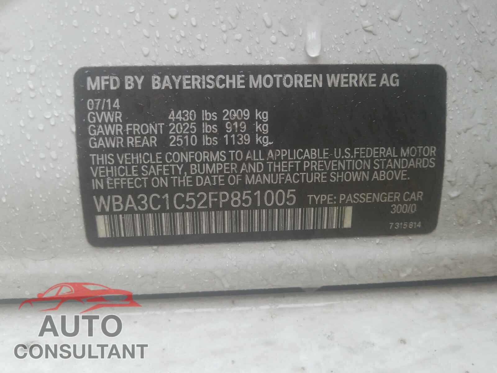 BMW 3 SERIES 2015 - 1FM5K8HT7JGB79462