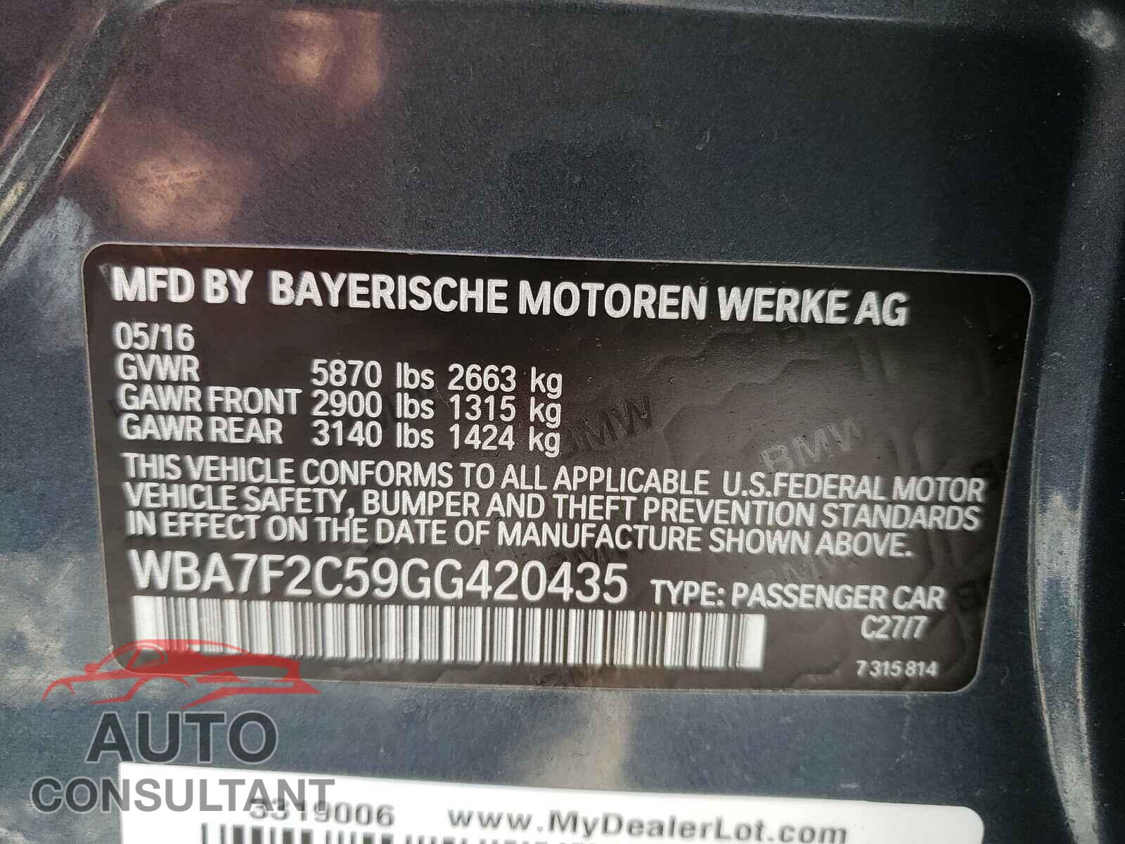 BMW 7 SERIES 2016 - WBA7F2C59GG420435