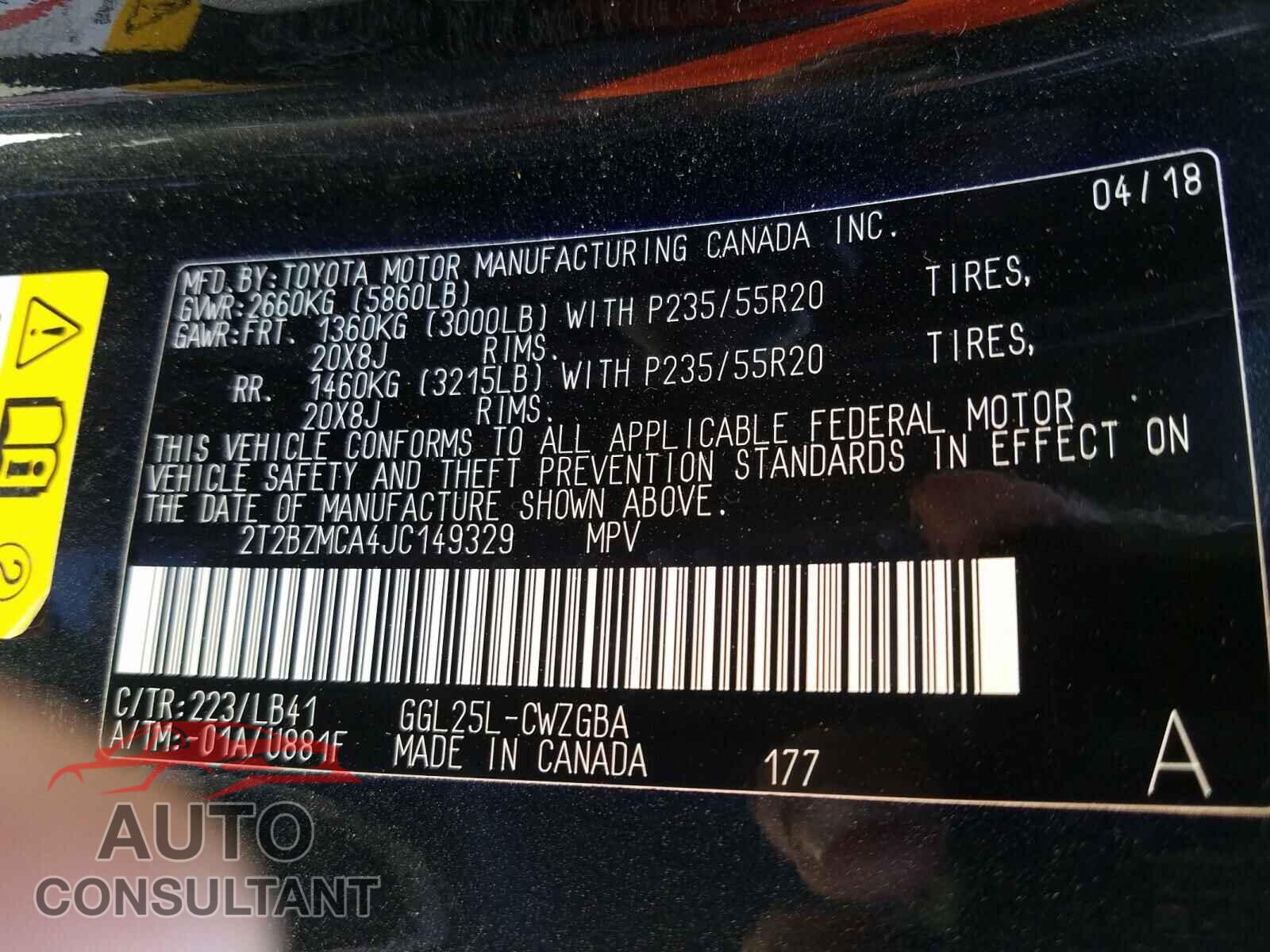 LEXUS RX350 2018 - 2T2BZMCA4JC149329