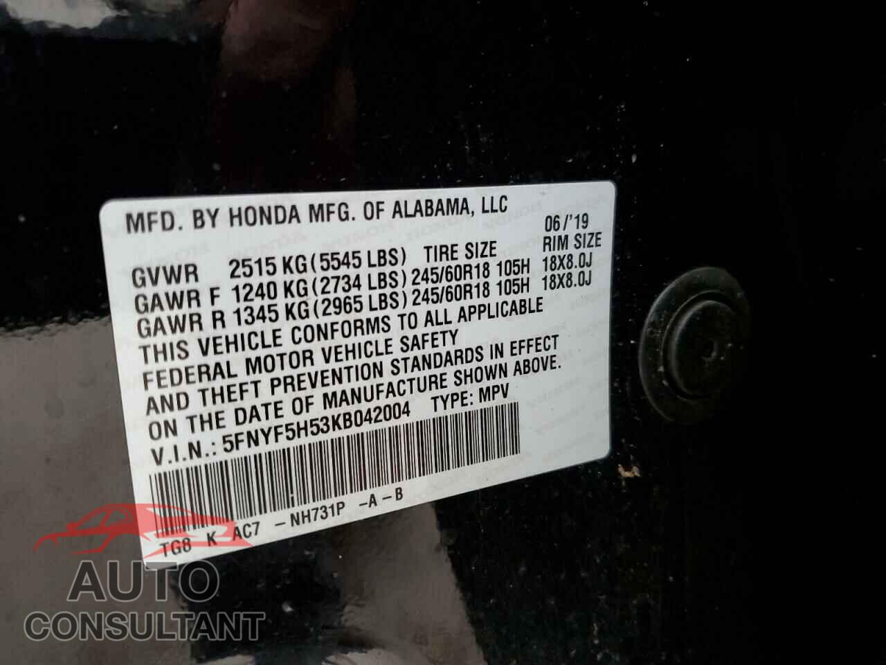 HONDA PILOT 2019 - 5FNYF5H53KB042004