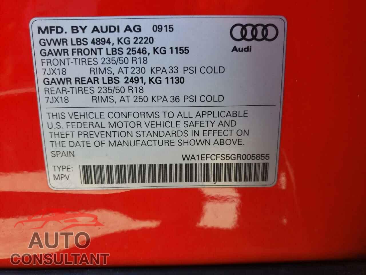 AUDI Q3 2016 - WA1EFCFS5GR005855