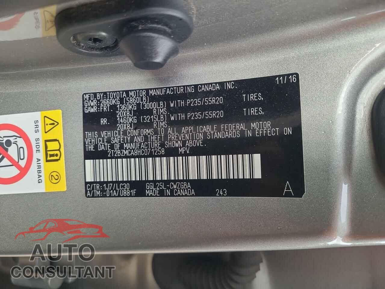 LEXUS RX350 2017 - 2T2BZMCA8HC071258