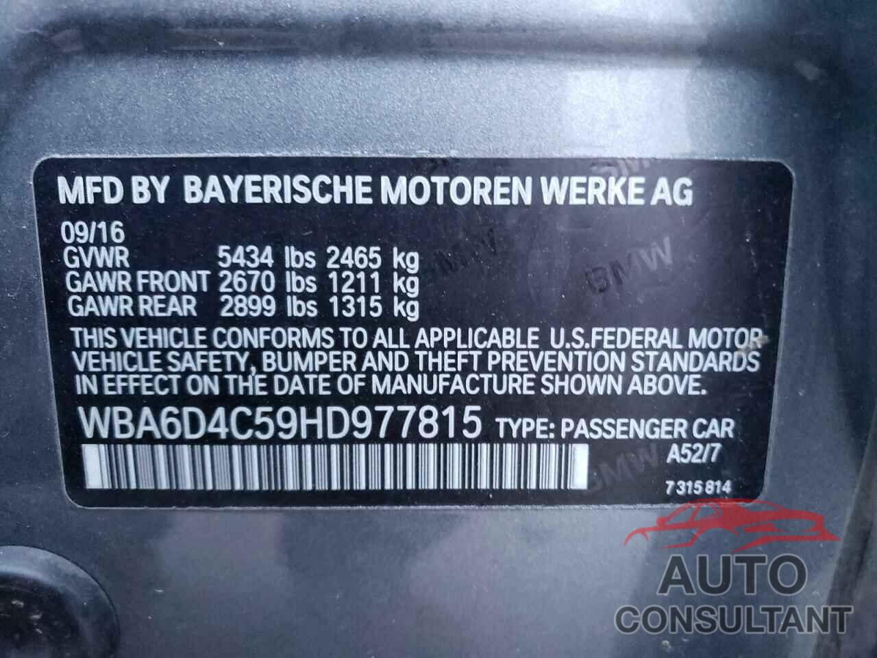 BMW 6 SERIES 2017 - WBA6D4C59HD977815
