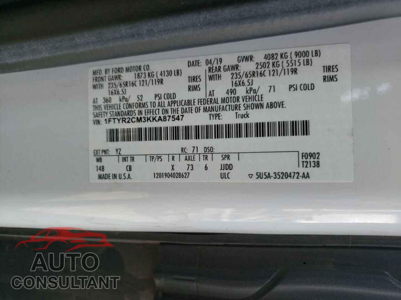 FORD TRANSIT CO 2019 - 1FTYR2CM3KKA87547