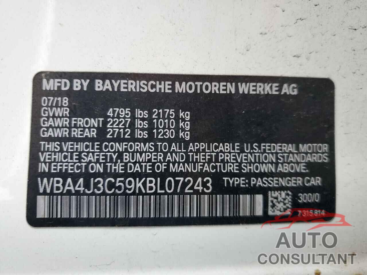 BMW 4 SERIES 2019 - WBA4J3C59KBL07243