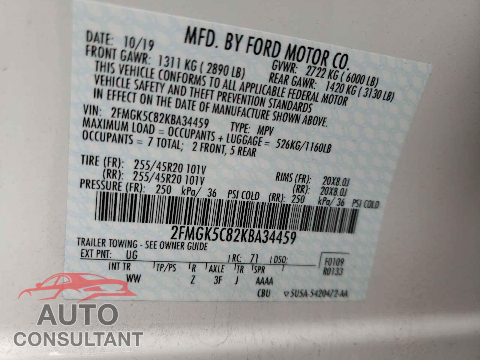 FORD FLEX 2019 - 2FMGK5C82KBA34459