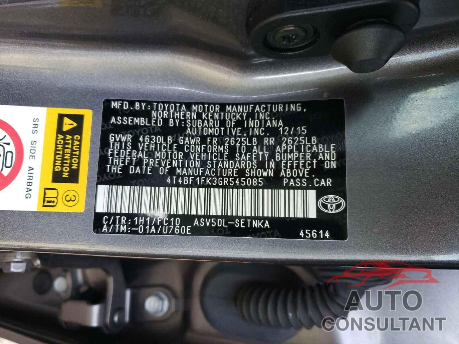 TOYOTA CAMRY 2016 - 4T4BF1FK3GR545085